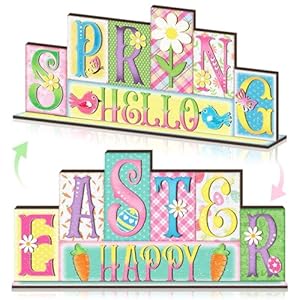 Yousoontic Easter Decorations Pastel Spring Table Decor Reversible Happy Easter Wooden Sign Farmhouse Hello Spring Tabletop Centerpiece for Home Tiered Tray Shelf Office Desk Mantel Rustic Decor