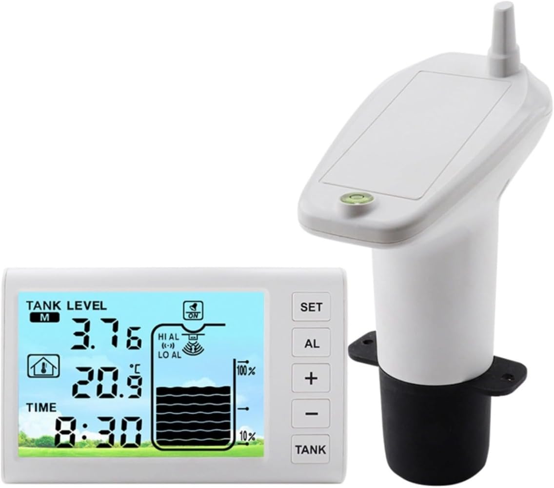 Kabelloser Wasserstandsanzeiger, IP65 Wassertank Füllstandsanzeige, Wasserstandserfassungsbereich, 4,3 Zoll Display Tank Monitor mit Alarm bei niedrigem Niveau, Weiß