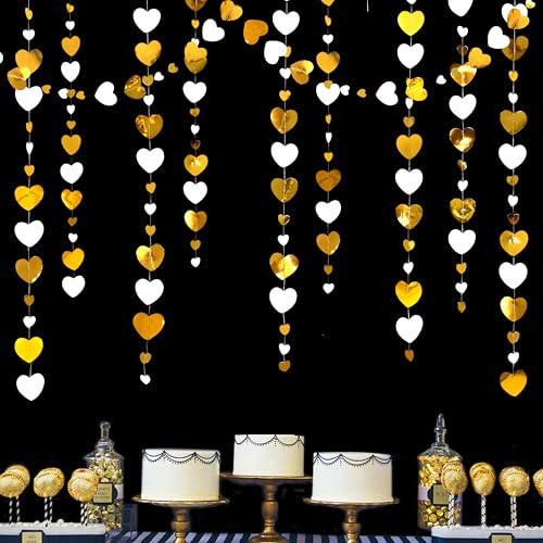 Image of White Gold Heart Garland Hanging Paper Love Heart Streamer Banner for Baptism Engagement Anniversary Valentines Day Birthday Bachelorette Mothers Day Wedding Bridal Shower Party Decorations Supplies