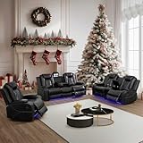 Ocstta Power Leather Recliner Sofa Set with LED Lights,Living Room Furniture Set, Breathing Leather Sofa Couch with USB Port/Storage Console/Cup Holders (3 Pieces Reclining Sofa Set, Black)