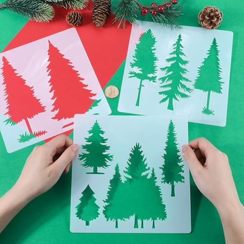 GORGECRAFT 9Pcs Christmas Tree Plastic Stencil Pine Drawing Template Winter Holiday Fir Trees Woodland Painting Templates for DIY Art Crafts Furniture Canvas Wood Home Decoration 19.8x19.9cm - Image 3