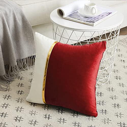 Image of Fancy Homi 2 Packs Christmas Red Throw Pillow Covers 18x18 Inch for Living Room Couch Bed, Red and White Velvet Patchwork with Gold Leather, Christmas Home Decor, Square Cushion Case 45x45 cm