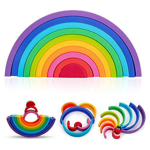 Image of Macabaka Silicone Rainbow Stacker Nesting Puzzle Building Blocks Stacking Toys, Boho Baby Toys, 10 Pcs Educational Toys Learning Montessori Toys for Toddlers Kids, BPA-Free, Rainbow Series