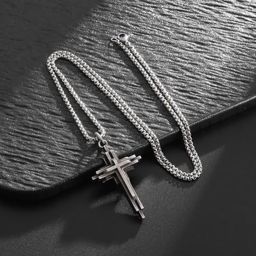 Men's Layered Cross Pendant Necklace, Vintage Metal Multi-Layer Cross Necklace with Stainless Steel Chain - Image 5