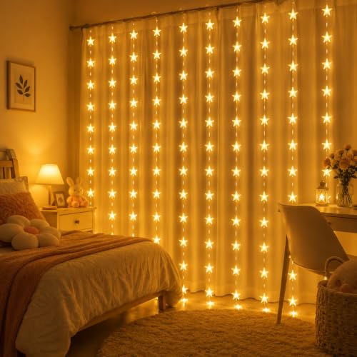 Image of Quace 80 Led Mini Star Curtain Light 3x1 Meter - Warm White Decorative LED for Home, Party & Festival Decoration