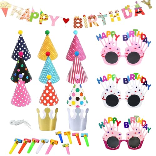 FUIPVGI 25 PCS Sombreros Cono Fiesta de Cumpleaños Pancartas Feliz Cumpleaños, Sombrero de Corona Gafas de Fiesta Sopladores de Fiesta Niños Adultos para Cumpleaños Fiesta Navidad Fiesta (oro)