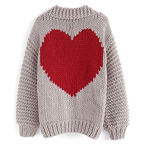 Chicwish Women's Red Heart Shape Pattern on Back Soft Hand Knit Chunky Cardigan Grey