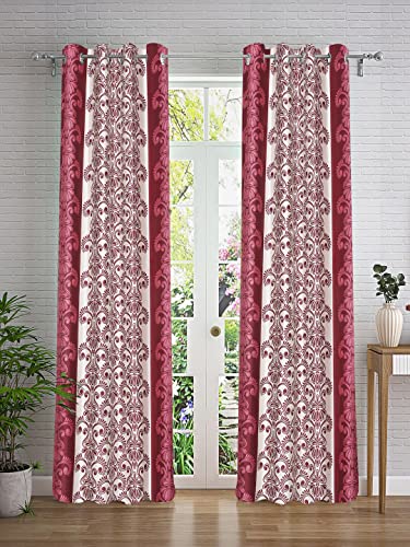 Image of Cortina Damask Light-Filtering Polyester Curtains 7 feet Long Set of 2 for Door [ Opacity: 50-60%, Color: Maroon, Printed Curtain -130 GSM ]