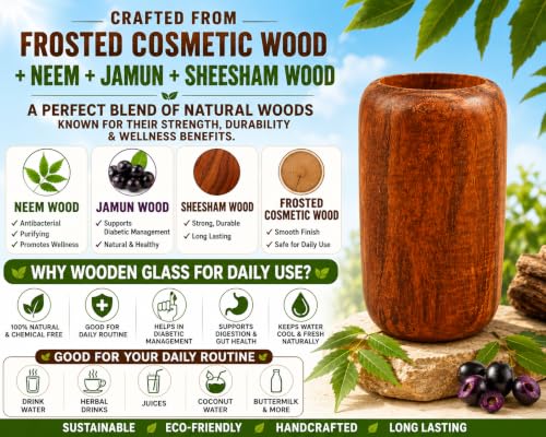 Image of Handcrafted Wooden Glass /Tumbler | Neem, Jamun & Sheesham Wood Drinking Cup | Natural Water Glass for Daily Use | Eco-Friendly Reusable Tumbler|Showpiece for Home & Office Pack of 1