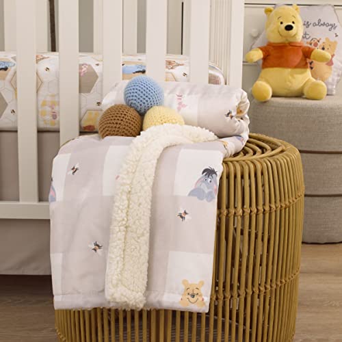 Image of Disney Winnie The Pooh Hugs and Honeycombs Grey and White Plaid with Piglet, Tigger and Eeyore Super Soft Sherpa Baby Blanket