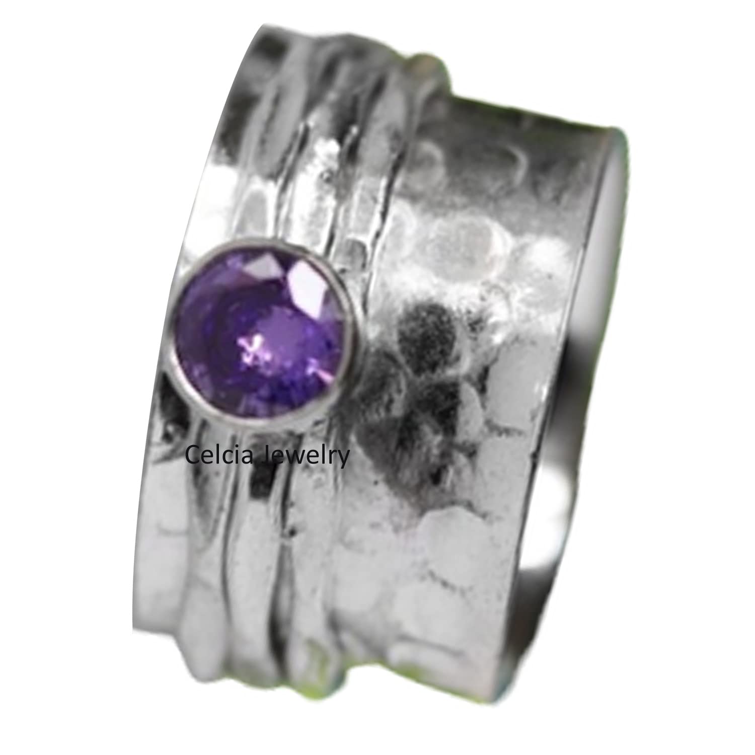 Anillo giratorio de plata facetada con forma redonda y amatista morada para meditación y regalos giratorios (talla 7 de EE. UU.)