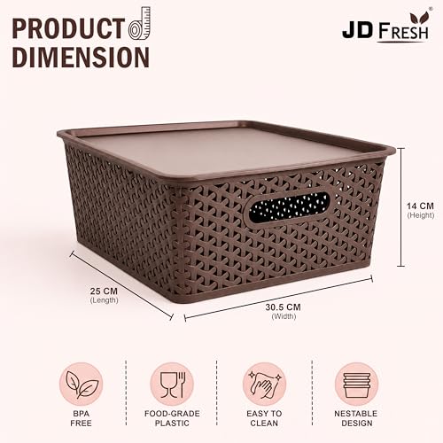 Image of JD Fresh Pack of 3 Premium Plastic Storage Basket with Lid /Smooth Handle Design & Stackable Storage Organizer /Durable Kitchen Storage Basket for Clothes, Vegetables, Fruits, Toys and Stationery(Brown)