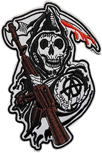Grand Écusson Faucheuse Anarchie Patch Thermocollant Skull Badge tête de mort à Thermocollé transfert crane à coller fer à repasser applique biker brodé à coudre...