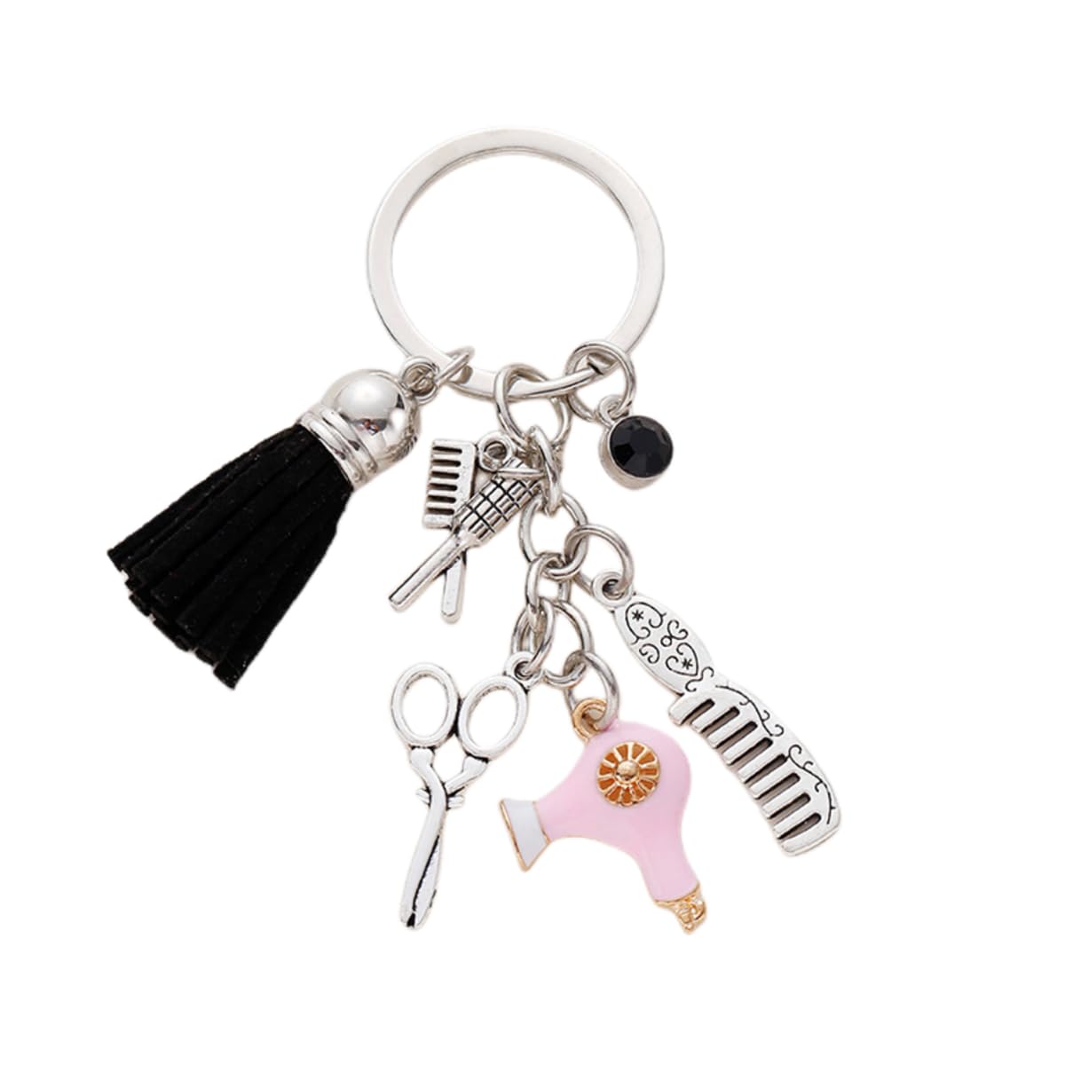 Fuqimanman2020 Comb Scissors Hair Dryer Keychain with Tassel and Black Diamond Charm Hairdresser Hair Stylist Gift Jewelry