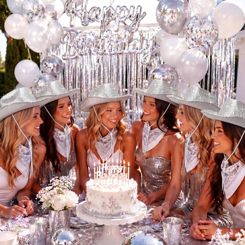Image of Coume 12 Pcs Sparkly Adults Cowboy Hat and Bandanas Women Men Western Glitter Cowgirl Party Hats with Adjustable Drawstring
