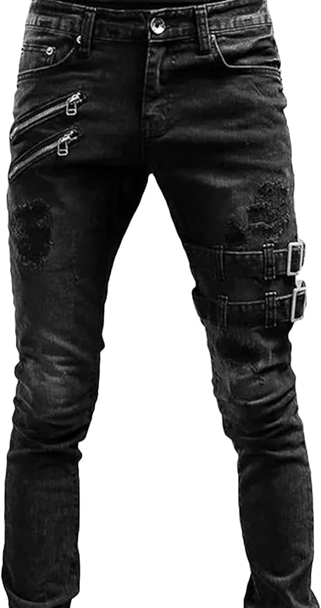 Maiyifu-GJ Men's Slim Fit Biker Jeans Distressed Straight Leg Moto Biker Jeans Ripped Punk Gothic Zipper Denim Pants2