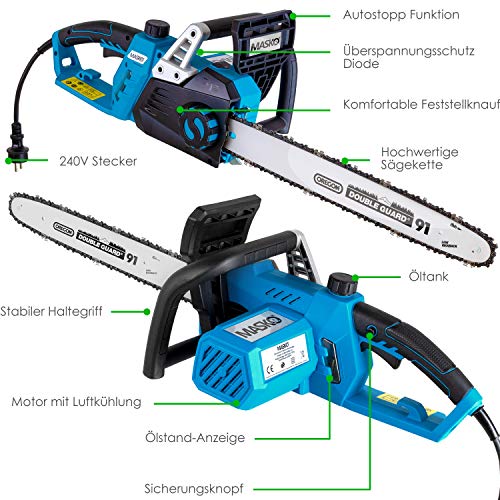 MASKO® Elektro Kettensäge 2800 Watt 46cm Schnittlänge Oregon Kette und Qualitätsschwert, mit automatischer Kettenschmierung Elektrische Motorsäge Überlastungsschutz inkl. Schutzhülle Schwarz/Blau - 6