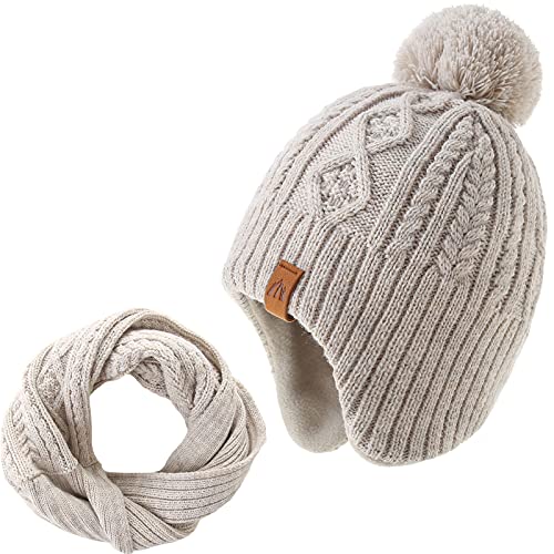 Image of LMLALML Boys Winter Hat Earflap Knitted Beanie for Kids Warm Fleece Lined Thicken Hat for Baby