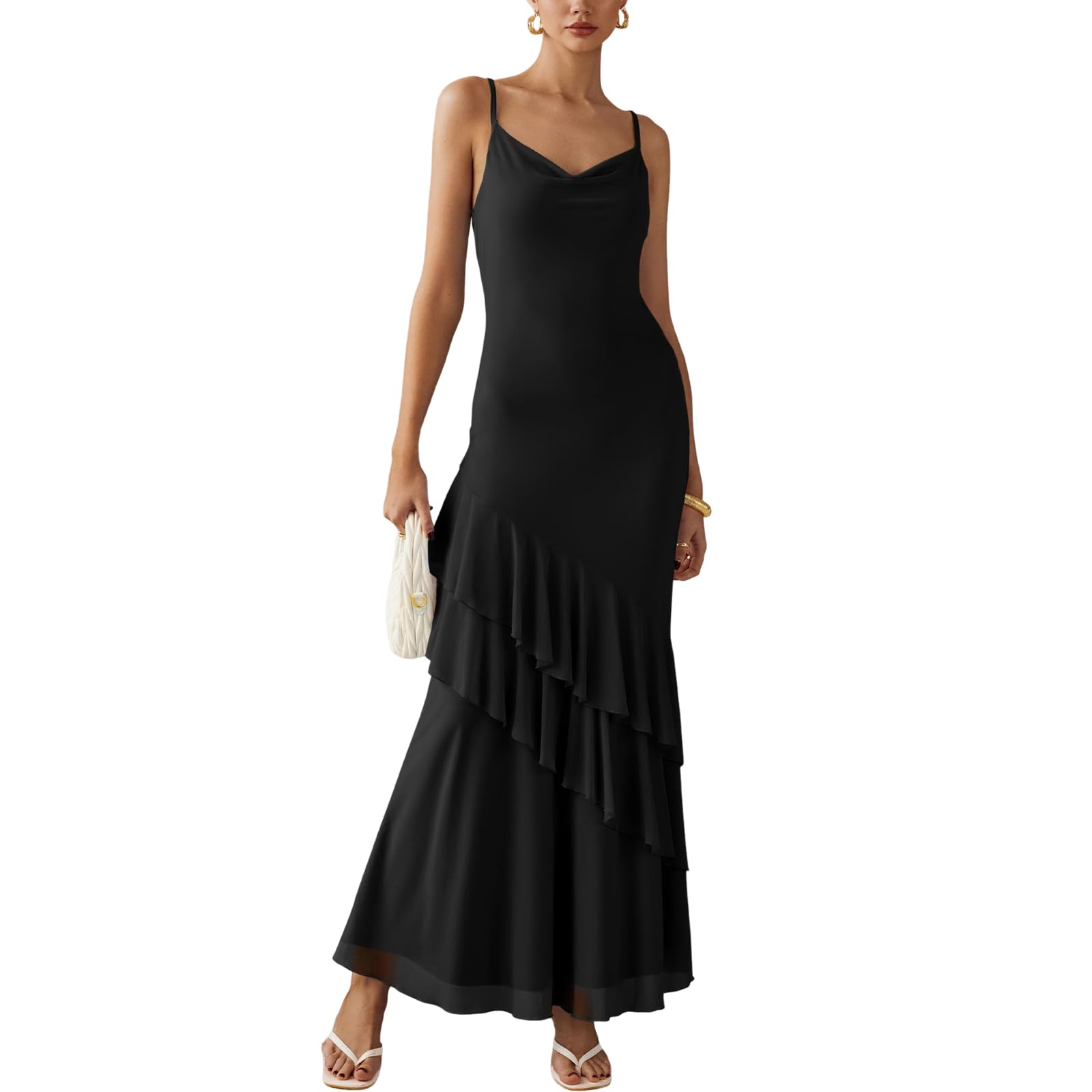 Vestito Lungo Donna Abito Sexy Spaghetti Strap Bodycon Vestito Senza Maniche Abito Maxi con Volant Elegante Vestiti Aderente Scollo a V Estivo Abiti da Cocktail Sera Festa Cerimonia