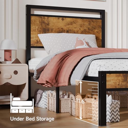 Image of Z-hom Upgraded Twin Bed Frames, Heavy Duty Metal Sturdy Bed Frame Twin Size with Modern Wood Headboard & Footboard, Stable Platform Bed Furniture Bed Storage, No Noise, No Box Springs, Vintage Brown