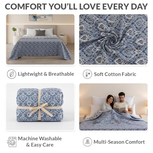 Image of HOMEMONDE 100% Cotton Reversible Dohar Double Bed Size | AC Blanket Comforter | Soft Lightweight Bed Blanket Quilt (84 x 94 Inch, Blue & White, Pack of 1)