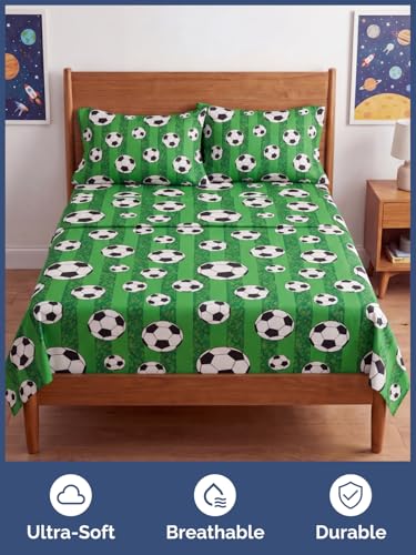 Image of Kids Full Size Soccer Bed Sheets - 4 Piece Kids Soccer Sheet Set | Soccer Themed Bedding, Ultra-Soft, Cute & Cozy, Breathable & Machine Washable, Kids Bed Set for Boys, Girls, Teens & Toddlers