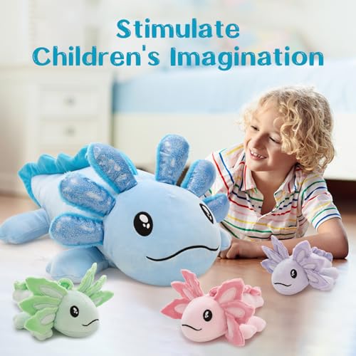 Image of MaoGoLan Giant Blue Axolotl Plush with Babies, 33 inch Axolotl Stuffed Animal | 33 Inch Sequin Mommy With 3 Baby Salamanders for Girls Kids, Kawaii Room Decor, Christmas Graduation Birthday Gift