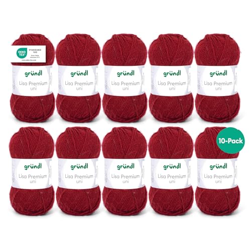 Gründl Wolle Lisa Premium uni - 10 x 50 g - Wolle zum Häkeln - Wolle zum Stricken - 100 % Polyacryl- Weich & Pflegeleicht- Nadelstärke 3,5-4,5 - Bordeaux