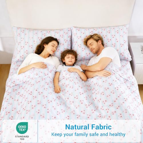 Image of Softan Pink Striped Floral Full Sheet Set, Cozy Printed Microfiber Bed Fitted Sheets with 15 inch Deep Pocket & Non-Slip Corner Straps, Cherry Blossom & Mint Stripe Patterned Sheets & Pillowcase Set