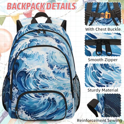 TropicalLife Sea Wave Backpack with Lunch Box Set, Back Pack and Lunch Bag Sea Wave Waterproof Casual Daypack Bag for Work Travel2