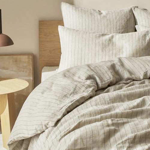 Image of VM VOUGEMARKET Beige Duvet Cover King with Black Stripes,Japanese Style Washed Linen Cotton Duvet Cover with 2 Pillowcases,Breathable Comforter Cover for Cozy Minimalist Bedrooms