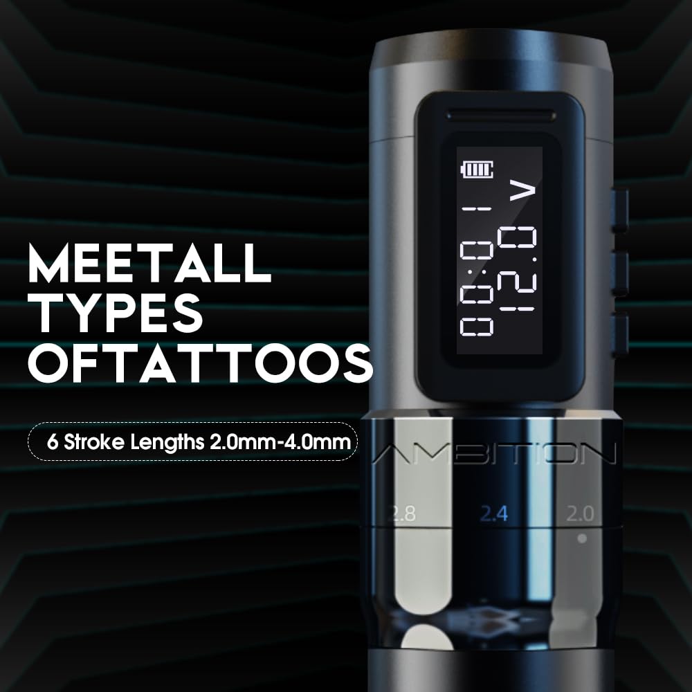 Ambition Mars-U Kompletny Zestaw Tatuażu Bezprzewodowa Maszynka Pen z Regulowanym Skokiem, 2×1800mAh Baterie, 20 Igieł Kartridżowych Glory dla Artystów i Początkujących