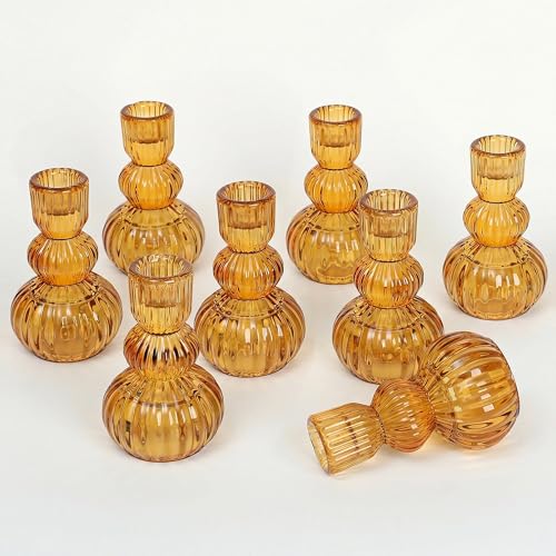 ysnn 8Pcs Amber Glass Taper Candle Holders Set,4.3 Inch Elegant Glass Candlestick Holders for Wedding Dining Table Centerpiece,Vintage Candle Sticks Holder for Christmas Halloween Decor