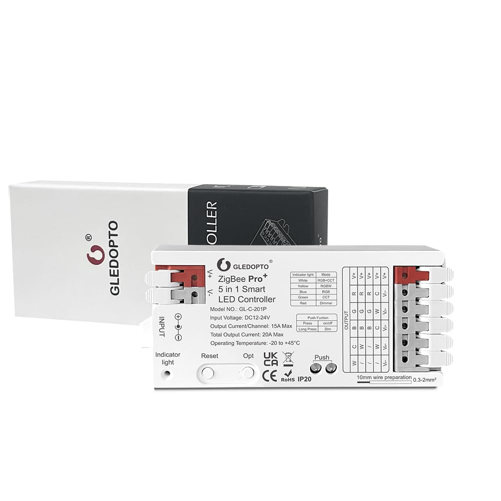 GLEDOPTO ZigBee 3.0 Pro+ Smart LED Controller 5 in 1, 2.4GHz WiFi PWM LED Controller 20A Max DC12-24V Compatible with Alexa Google Home Smart Life Tuya Smart APP Control For Dimmer CCT RGB RGBW RGBCCT LED