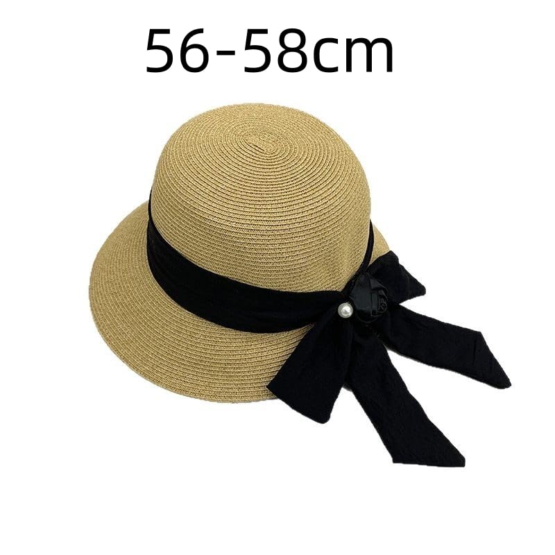 Sombrero de Paja para Mujer - Visera Ajustable de ala Ancha con Lazo Floral y Perla - Protección UV - Cómodo y Transpirable Playa y Actividades Al Aire Libre