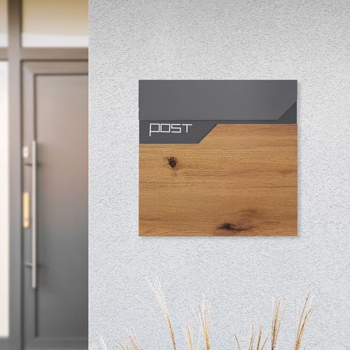 ML-Design Briefkasten Anthrazit-Holzoptik Edelstahl pulverbeschichtet, 37x37cm, Postkasten mit Zeitungsfach, Abschließbar 2 Schlüssel, Design Wandbriefkasten mit Zeitungsrolle, Mailbox für Wandmontage