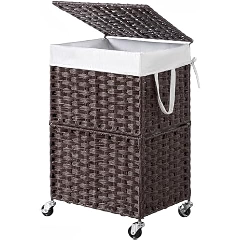 Chrislley 90L Large Laundry Hamper with Wheels,Rolling Laundry Basket with Lid and Renovable Liner Bag,Handwoven Rattan Organizer for bedroom, bathroom, laundry room (Brown) Cover