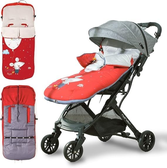 Danielstore Saco Silla Paseo Universal Bebe Invierno Suave, Cálido, Afelpado | Saco Carro Bebe Invierno Desmontable, Doble Apertura, Lavado Fácil, Materiales Antialérgicos(Ratita Rojo)