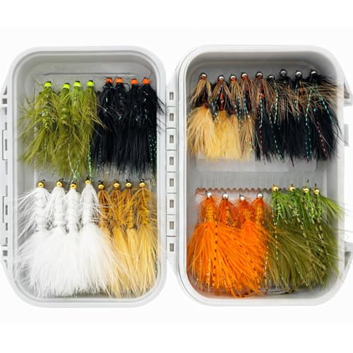 30Pcs Wooly Bugger Flies 8 Tungsten Bead Head + Waterproof Box Sizes 4-10 for Smallmouth Bass Largemouth Bass Trout & Panfish Rocky River & Lake Deep Pool Fishing