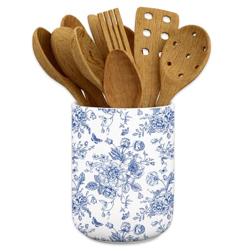 JarThenaAMCS Blue Floral Ceramic Utensil Holder Chinoiserie Chopstick Crock