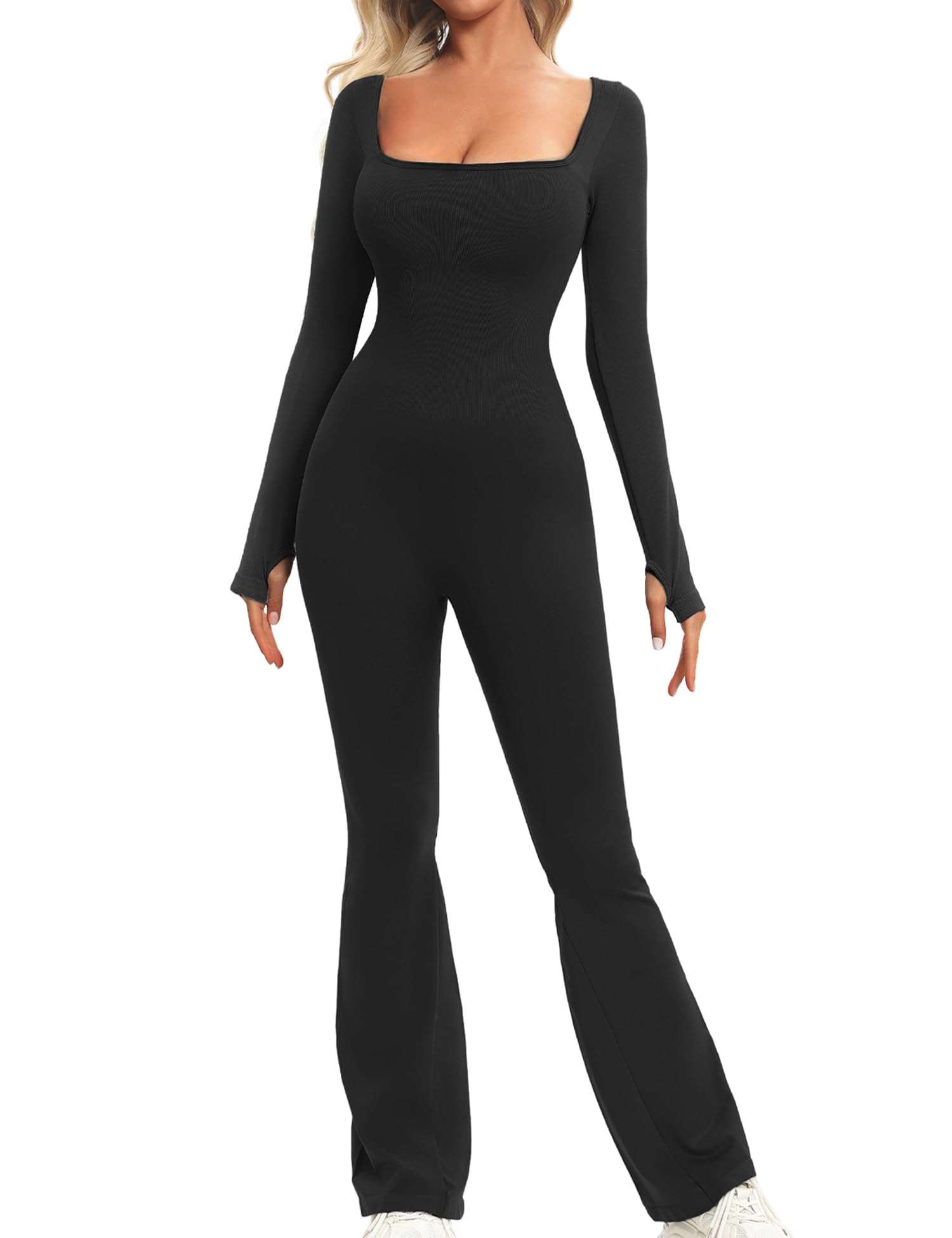 Vancavoo Monos para Mujer Mono Deportivo Yoga Manga Larga Ropa Deportiva de Cuello Cuadrado con Costilla Una Pieza Elásticos Pantalones de Campana Ajustados para Fitness Danza