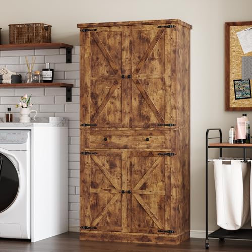 Image of BORNOON Pantry Organizers and Storage Cabinet, 67.71 inch Barn Door White Kitchen Cabinet with Drawers and Adjustable Shelf, Tall Pantry for Kitchen, Dining Room, Living Room