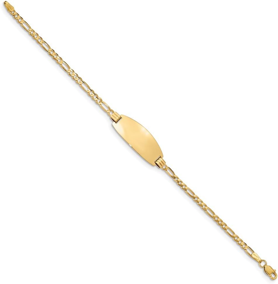 Solid 14k Yellow Gold Engravable Identification Name Bar Tag Oval ID Figaro Bracelet - with Secure Lobster Lock Clasp 7" (Width = 11mm)