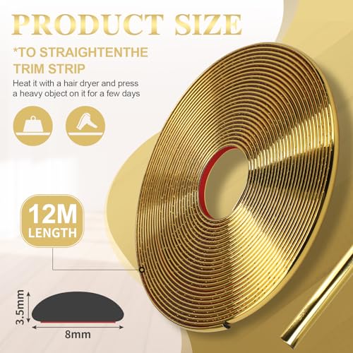 efuturetime 12m Flexible Zierleiste Selbstklebend Wand Gold, 8mm Breit, Schmale Stuckleisten Glänzend Selbstklebend, Leiste Dekorative für Fliesenkante, Bilderrahmenränder, Schrankkanten