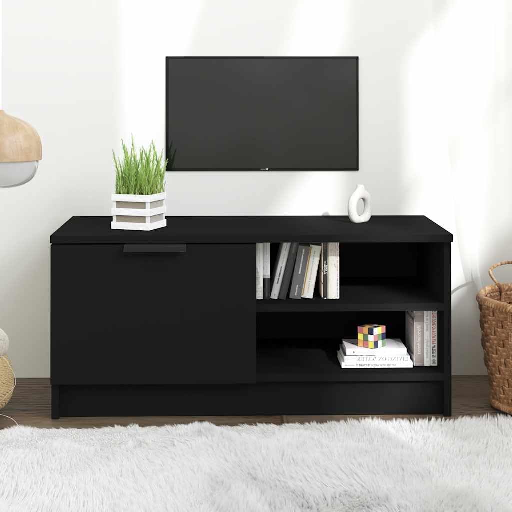 Hothingwell Szafka pod telewizor drewno inżynieryjne czarne 80x35x36,5 cm | Przegroda i 2 półki, schowek na DVD, konsoly, wytrzymały blat do dekoracji