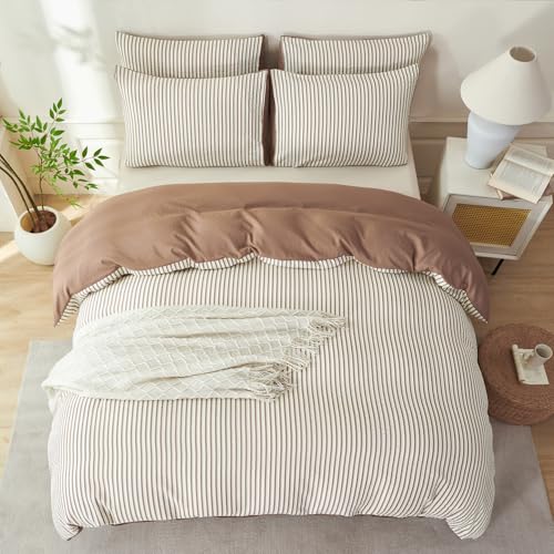 Image of Brown Striped Comforter Set Queen - 3 Pieces Bedding Comforter Set for All Season, Soft Lightweight Washed Microfiber, 1 Striped Comforter and 2 Pillowcases (Brown, Queen Size)