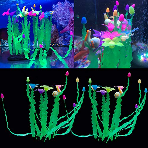 Glow Aquarium Decorations Plants Silicone Aquarium Plants Tall 8 Inches Glowing Fish Tank Decorations Soft Fish Tank Plants Cute Aquarium DÃ©cor Neon Fish Tank DÃ©cor Artificial Silicone Plants 2 Pack