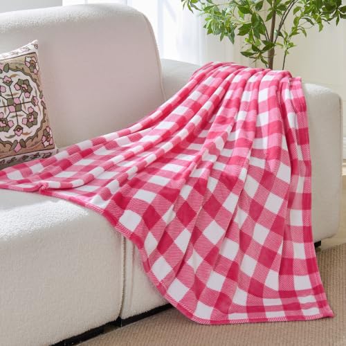 Image of BEDELITE Plaid Fleece Throw Blanket, Pink & White Buffalo 60x80 Inches