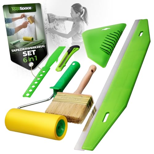 ToolSpace Tapezierwerkzeug Set 6 Teile Andrückrolle 5 cm Spachtel 29 cm Schneideschiene 60 cm Cutter 18 mm Tapezierbürste 110 mm Kleister Rührer 28 cm Werkzeug Set für Tapeten Wand
