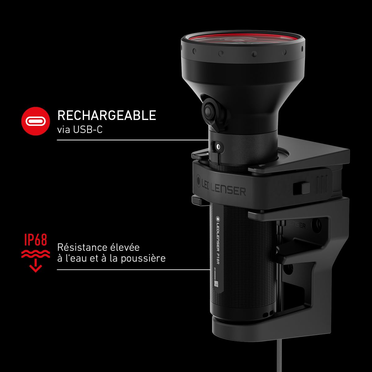 Ledlenser P18R Lampe LED rechargeable, 6500 lm, 600 m, 8 modes, USB-C, IP68, 45 h – Projecteur très lumineux pour camping, extérieur